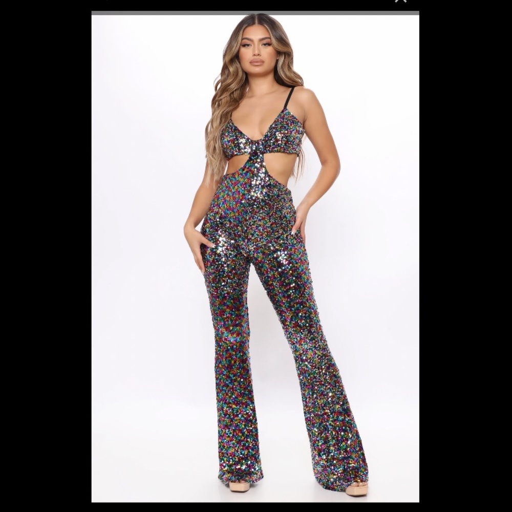 Fashion Nova Groovy Baby Sequin Jumpsuit - Multi Color (NWT)